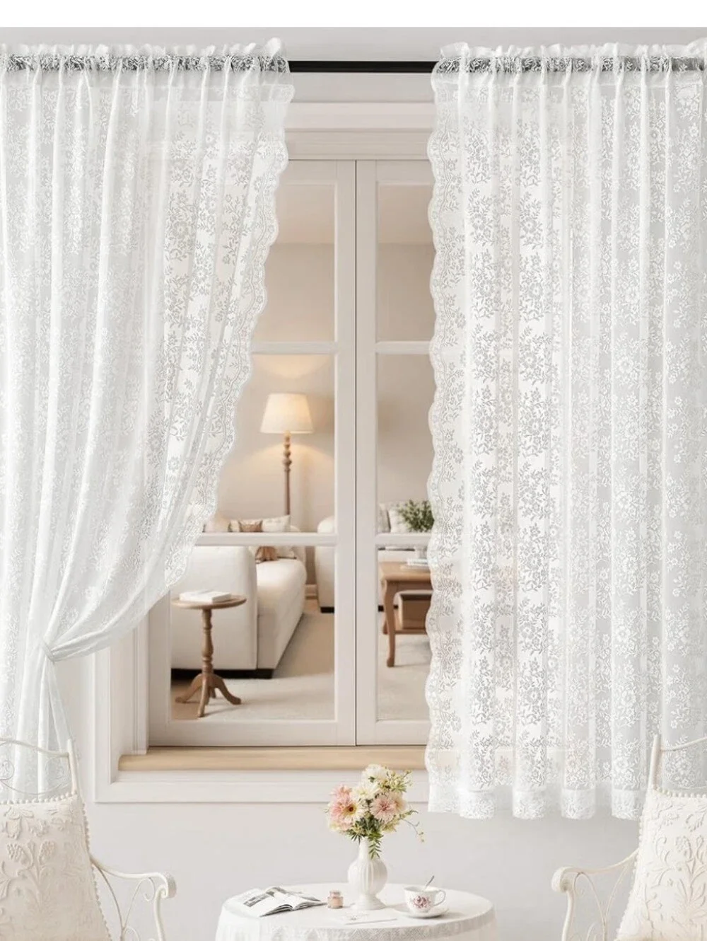 Sheer Floral Lace Curtain Panel in White Set Of 2 Panels 52Wx63L
